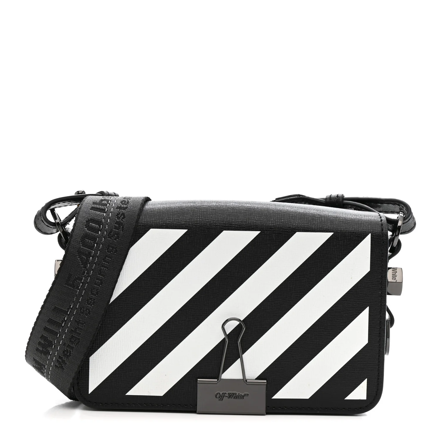 Saffiano Striped Mini Diag Binder Clip Bag Black White