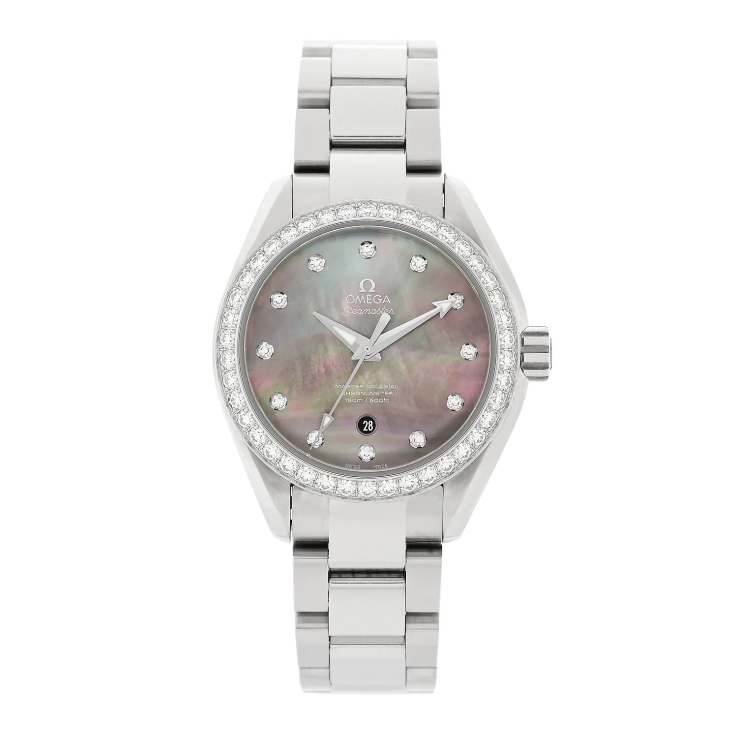 Stainless Steel Diamond Bezel Black Mother of Pearl 34mm Seamaster Aqua Terra Co-Axial Chronometer Automatic Watch 231.15.34.20.57.001