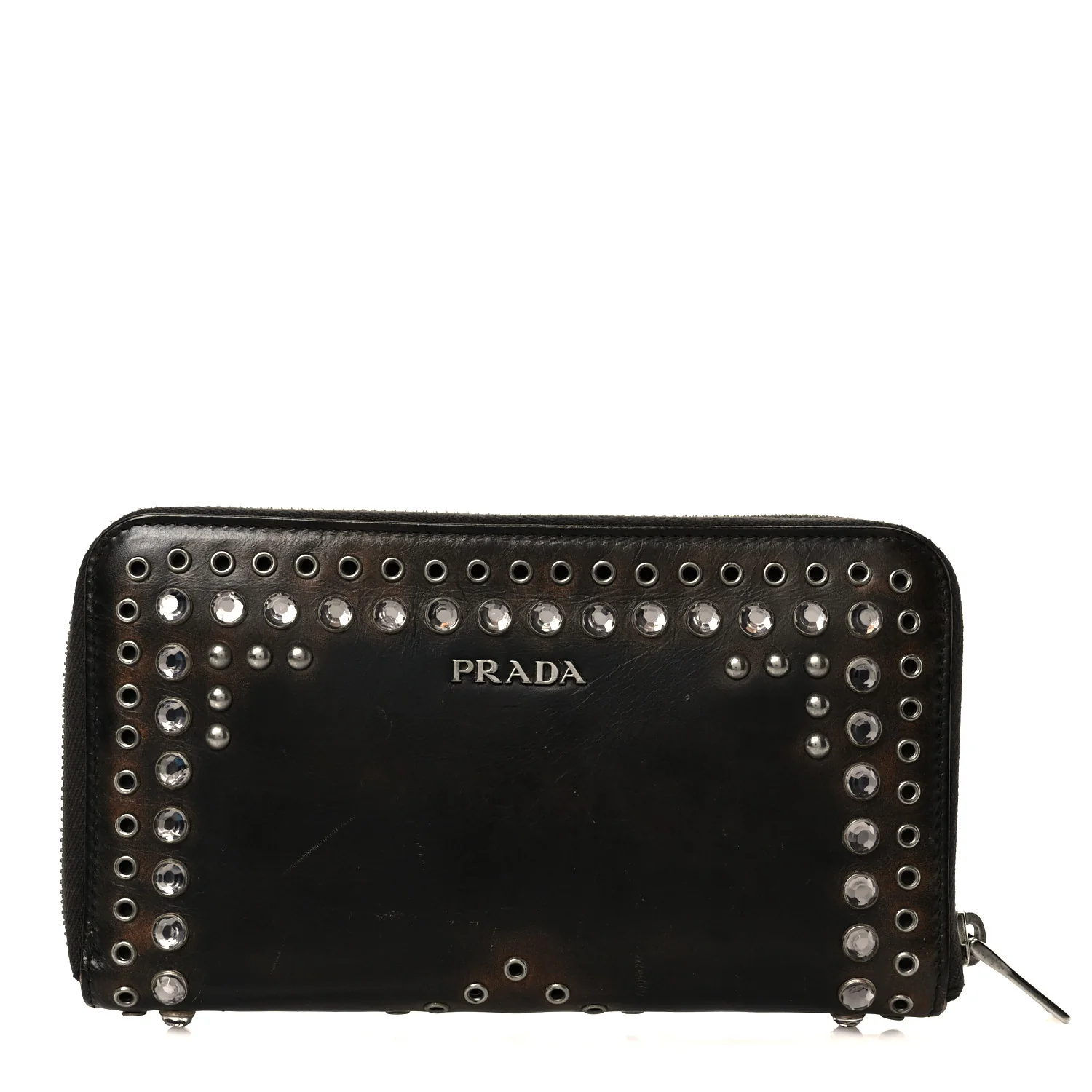 Aged Calfskin Grommet Crystal Studded Zip Around Wallet Ebano