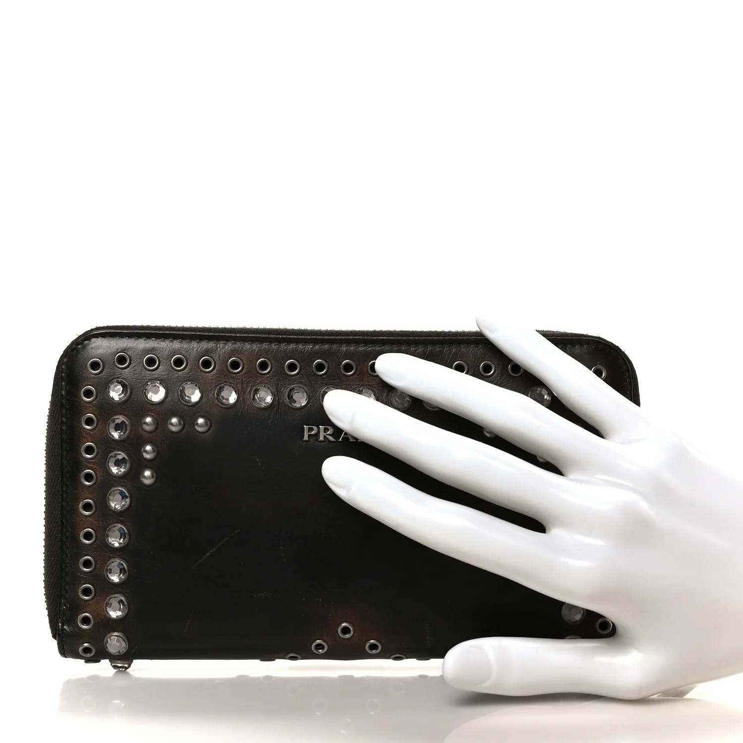 Aged Calfskin Grommet Crystal Studded Zip Around Wallet Ebano - Image 2