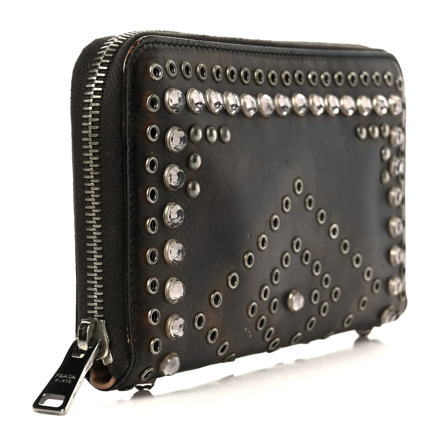 Aged Calfskin Grommet Crystal Studded Zip Around Wallet Ebano - Image 3