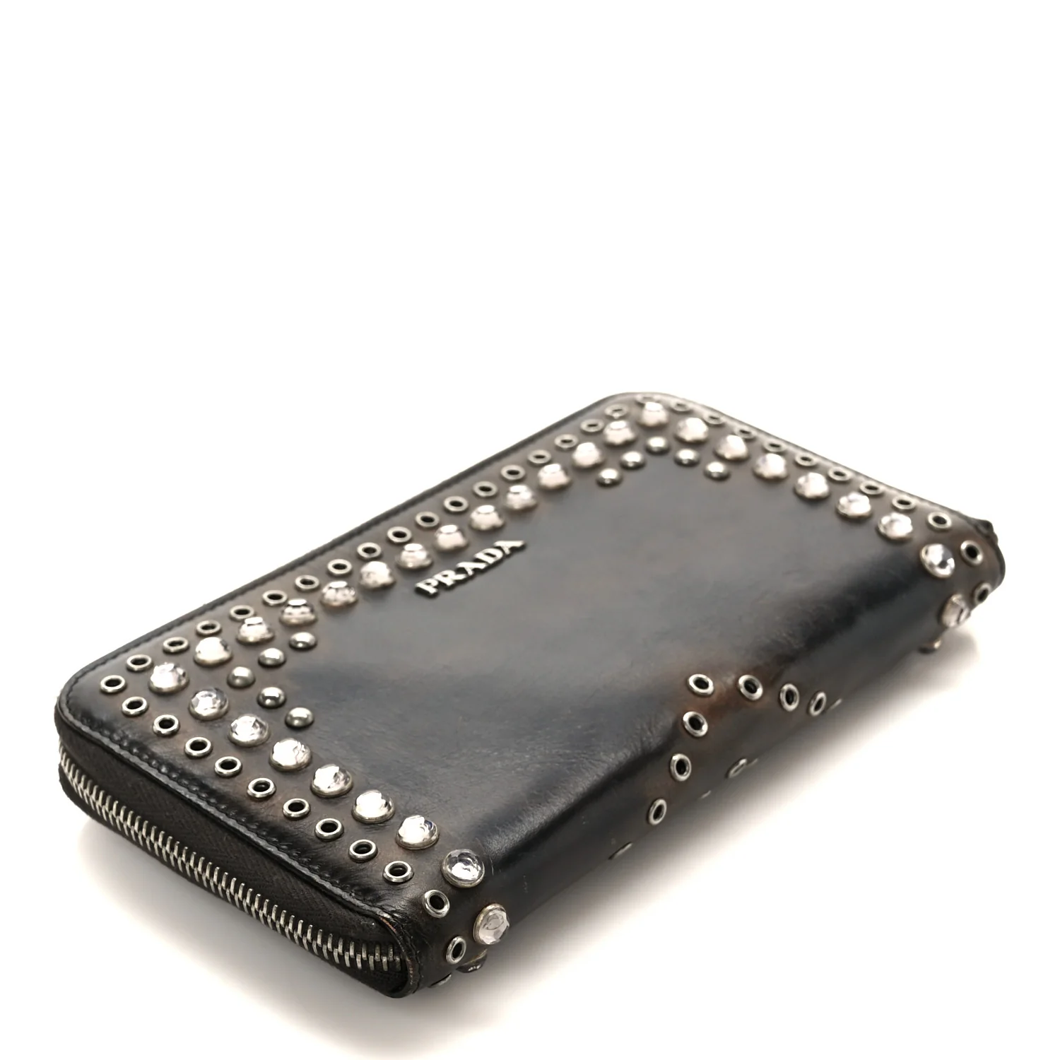 Aged Calfskin Grommet Crystal Studded Zip Around Wallet Ebano - Image 4