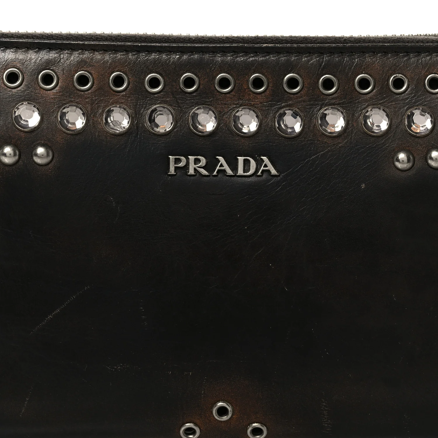 Aged Calfskin Grommet Crystal Studded Zip Around Wallet Ebano - Image 8