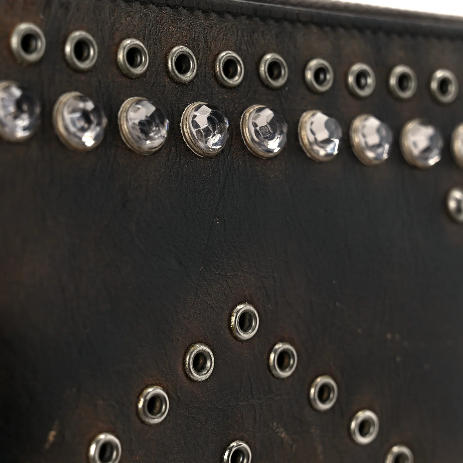 Aged Calfskin Grommet Crystal Studded Zip Around Wallet Ebano - Image 9