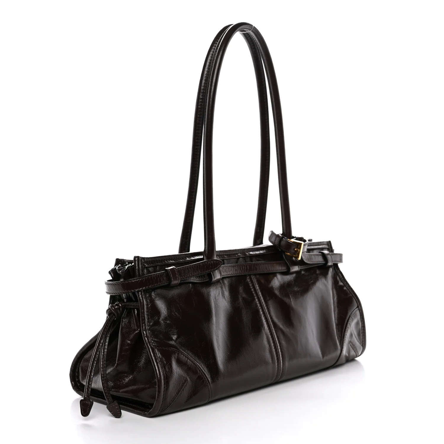 Glossy Calfskin Triangle Medium Bonnie Shoulder Bag Dark Brown - Image 3