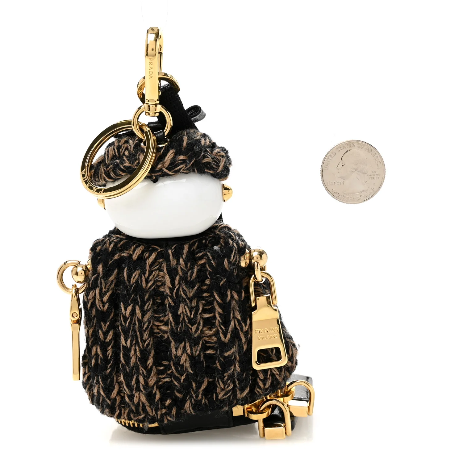 Knitted Soft Lambskin Robot Keychain With Strap Black Camel - Image 2