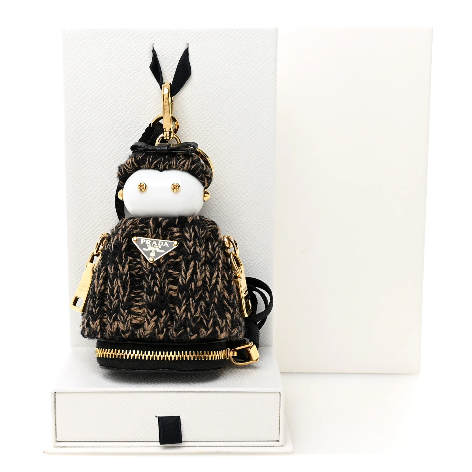 Knitted Soft Lambskin Robot Keychain With Strap Black Camel - Image 6