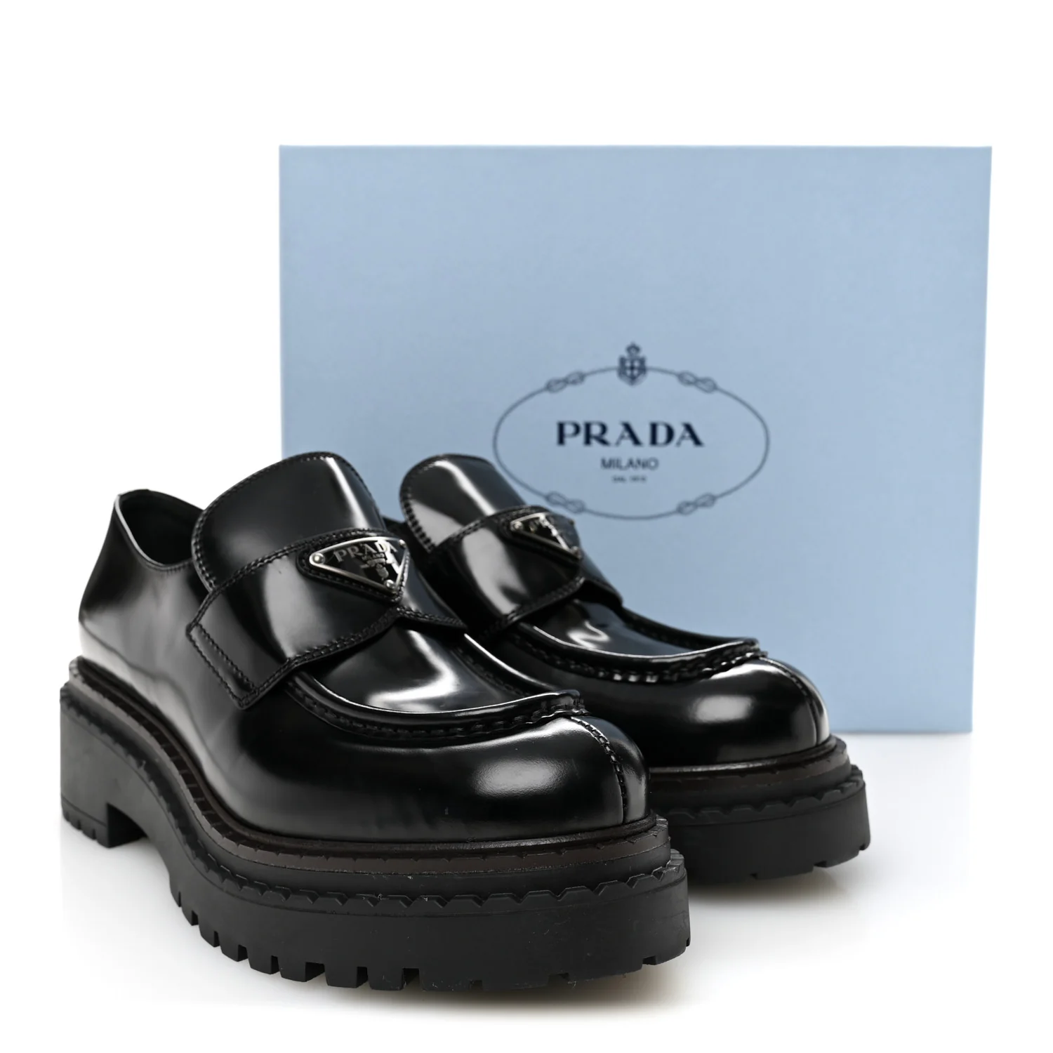Metal Triangle Logo Double Chocolate Loafers 38.5 Black - Image 9