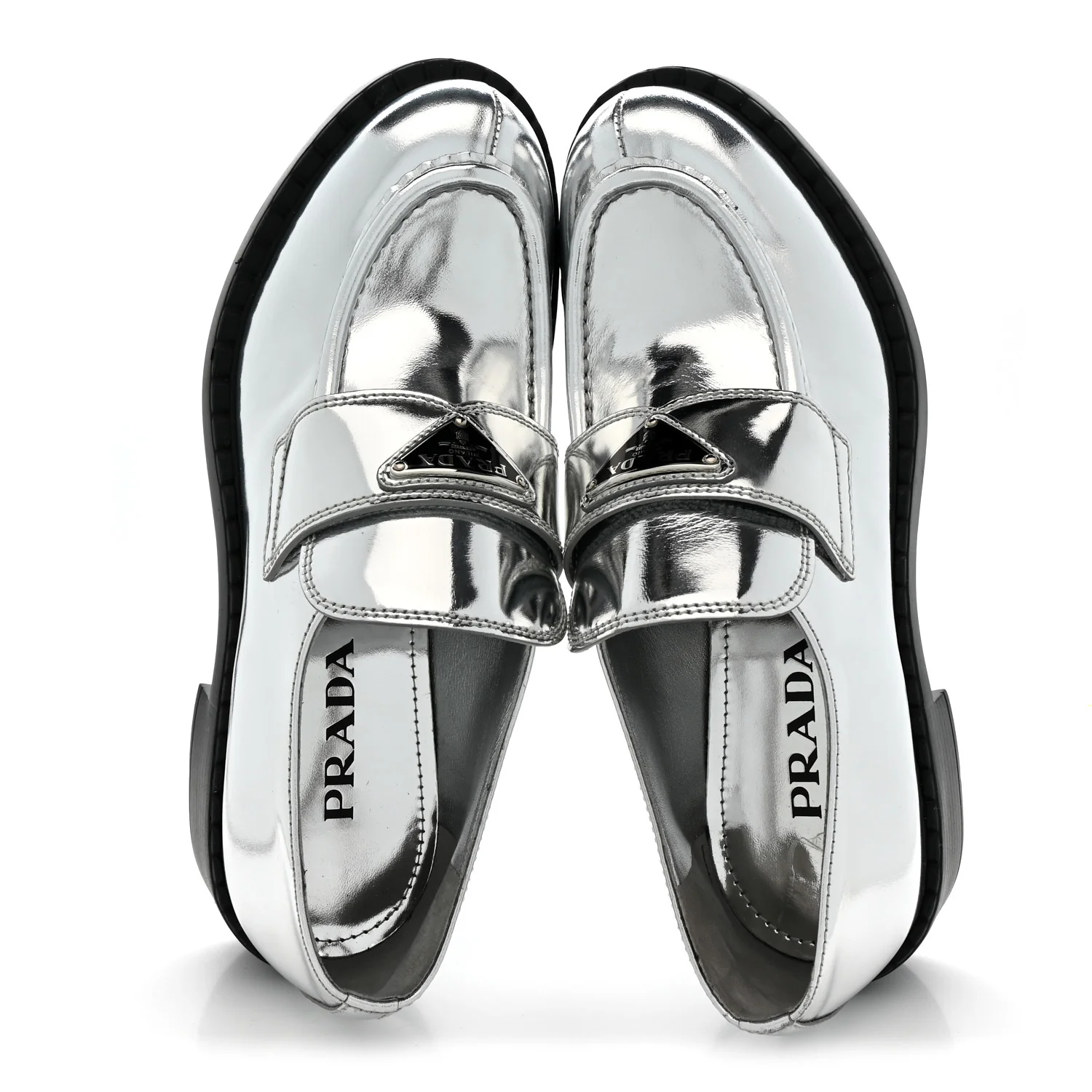 Metallic Brushed Calfskin Metal Triangle Logo 50mm Loafers 39 Argento - Image 2