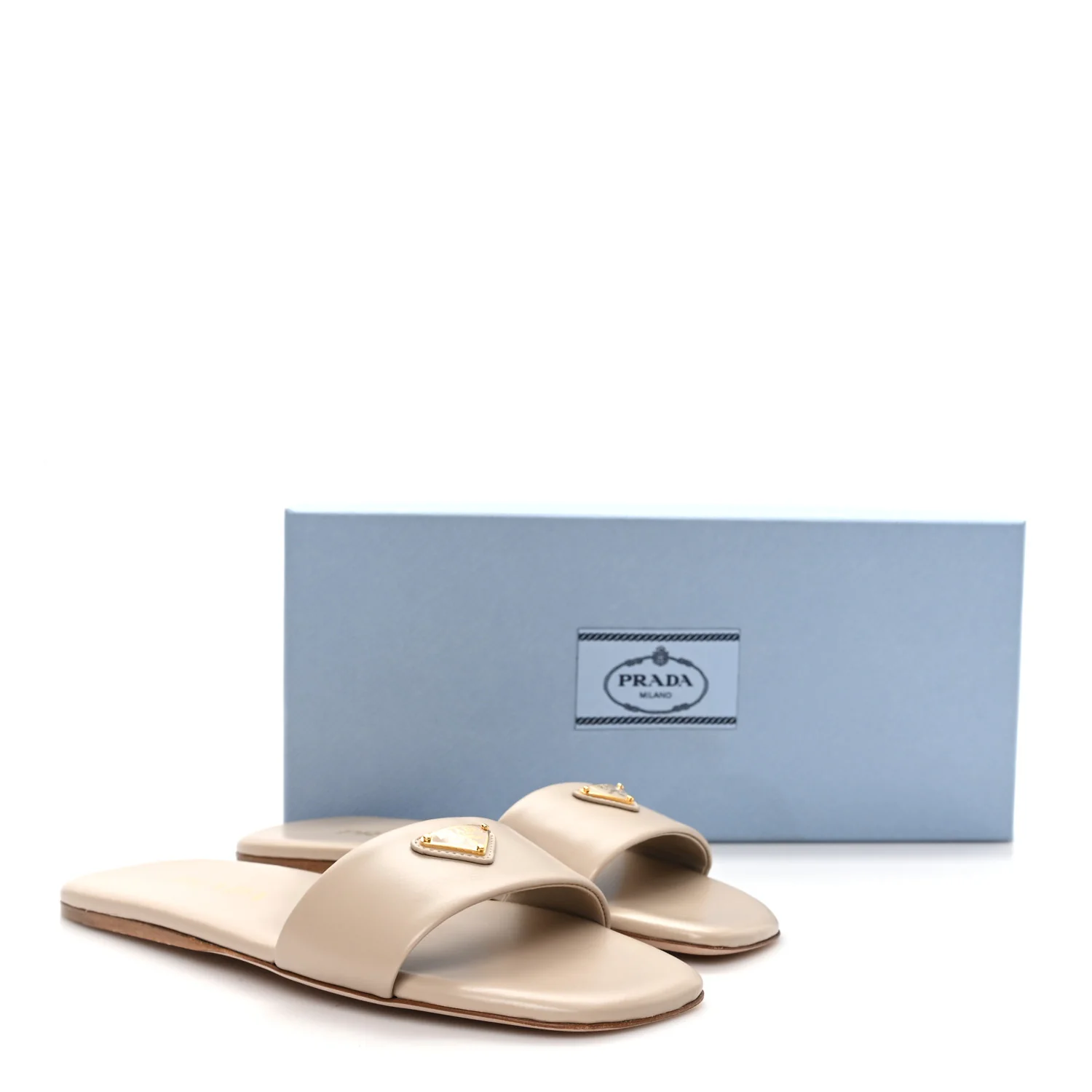 Nappa Metal Triangle Logo Flat Slide Sandals 35 Travertino - Image 9