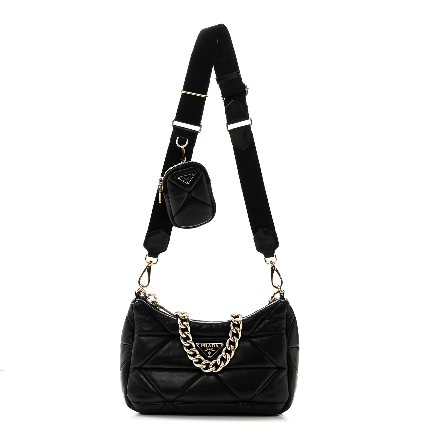Nappa Re-Nylon Triangle Quilted Patchwork System Shoulder Bag Black