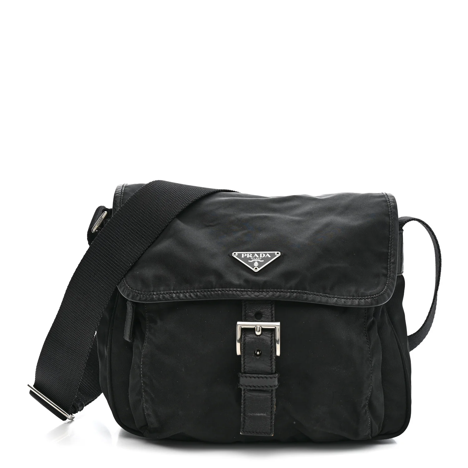 Nylon Vela Saffiano Single Buckle Messenger Shoulder Bag Black