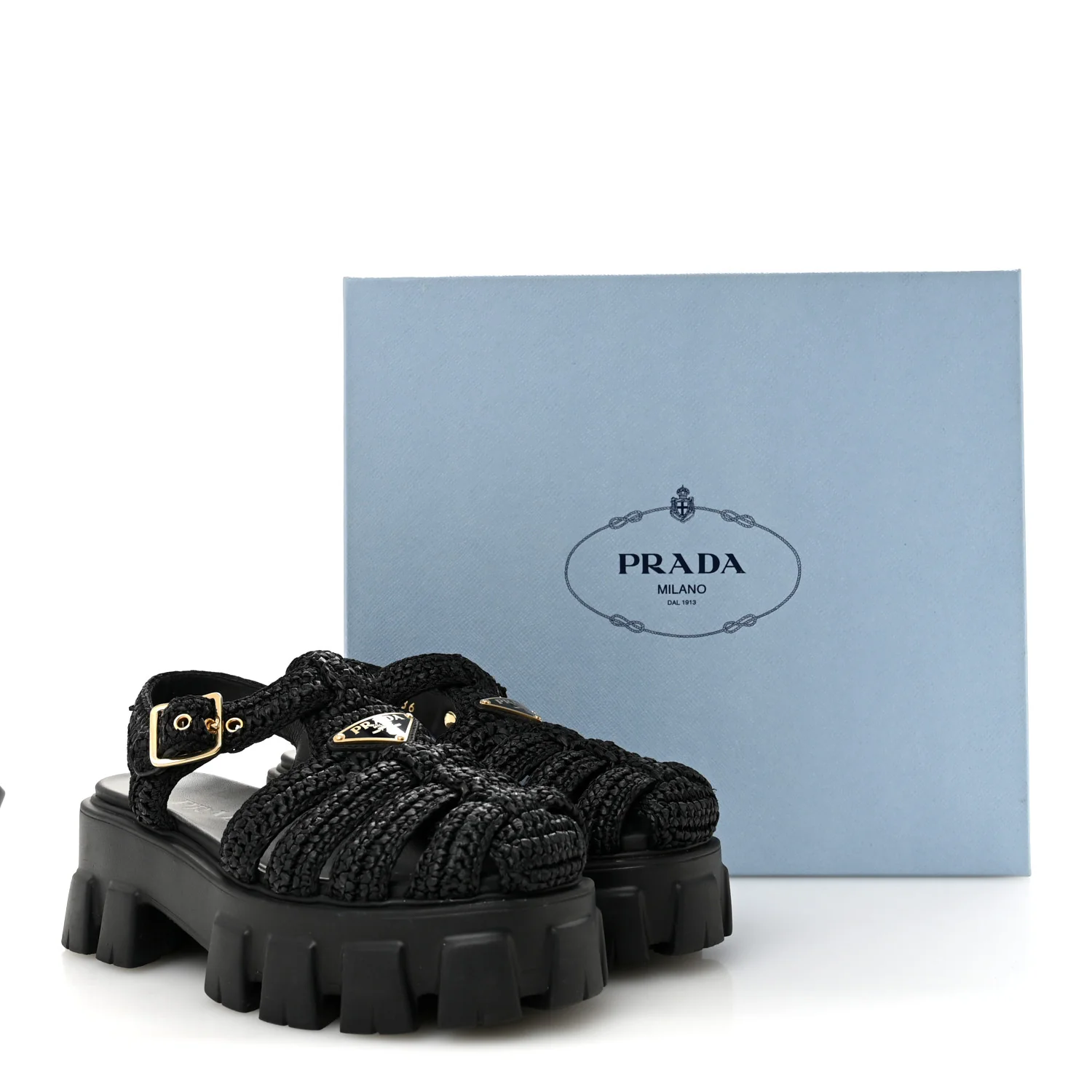Raffia Metal Triangle Logo Crochet Monolith 55mm Cage Sandals 36 Black - Image 10