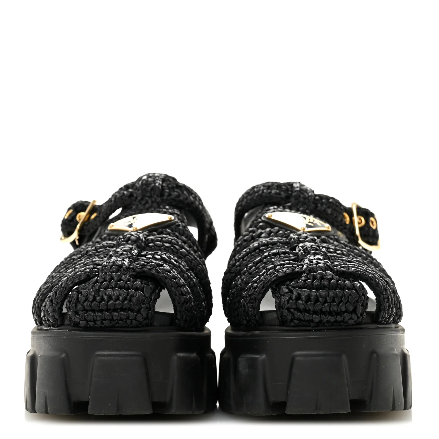 Raffia Metal Triangle Logo Crochet Monolith 55mm Cage Sandals 36 Black - Image 3