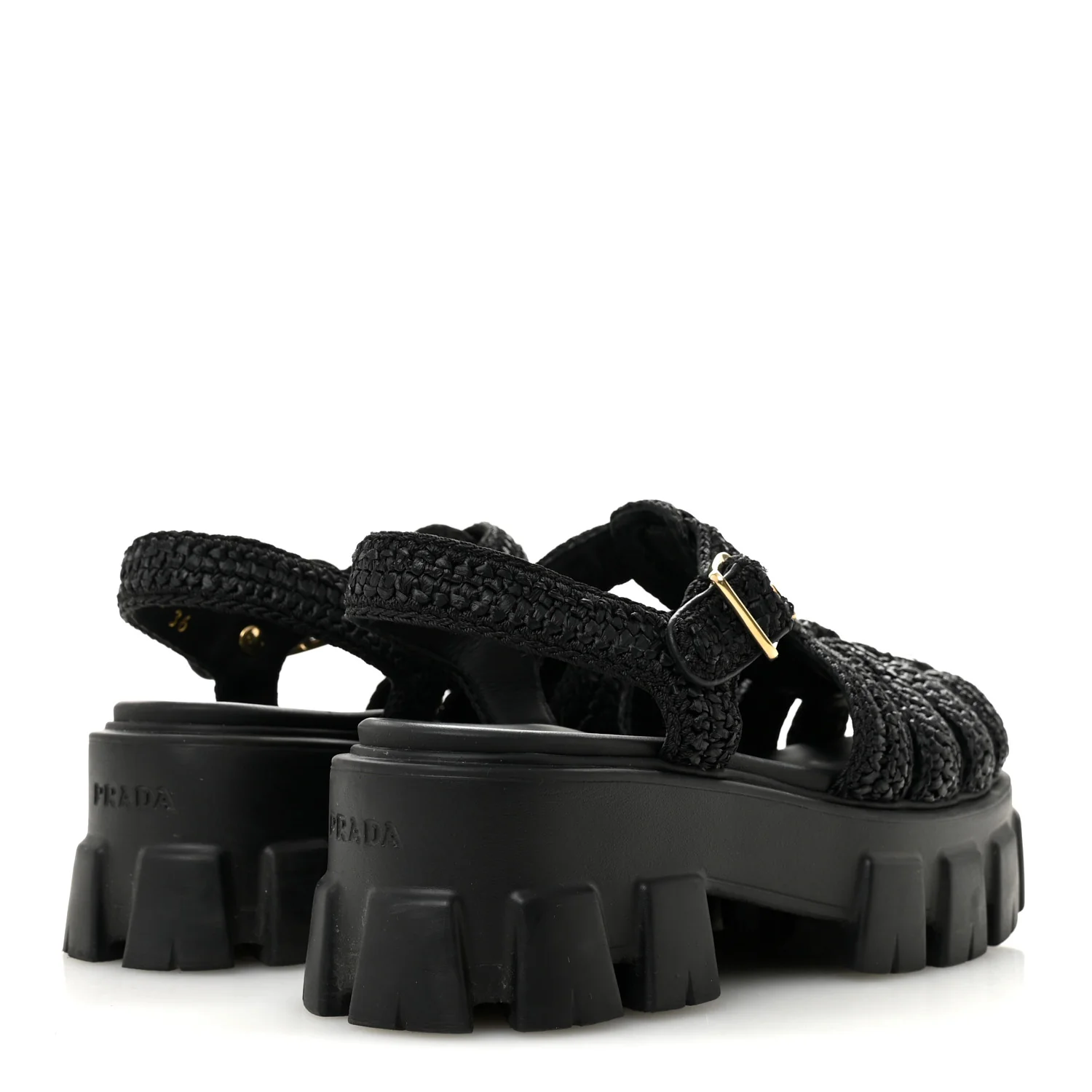 Raffia Metal Triangle Logo Crochet Monolith 55mm Cage Sandals 36 Black - Image 5