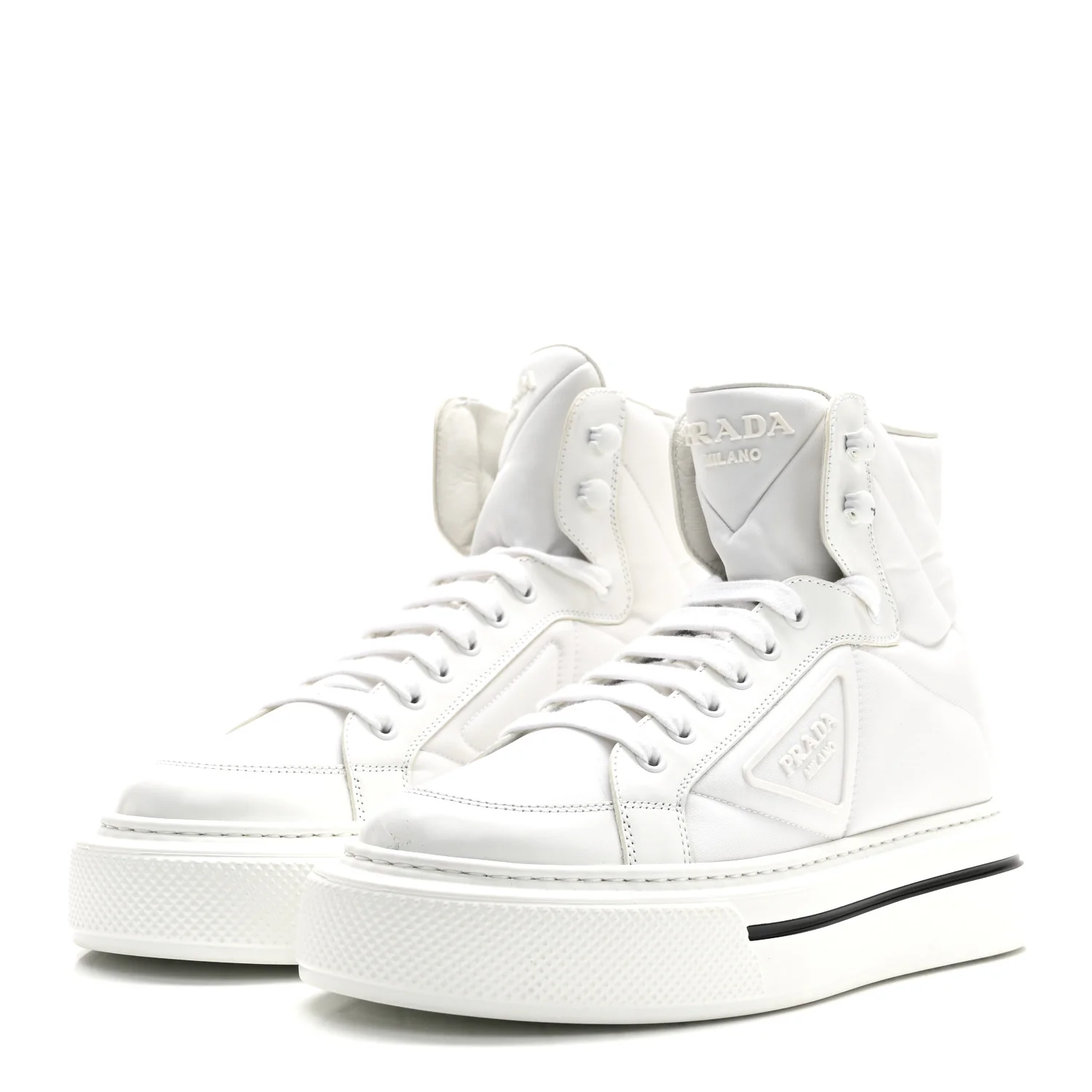 Re-Nylon Gabardine Spazzolato Macro Quilted Triangle Logo High Top 45mm Sneakers 38.5 White - Image 4
