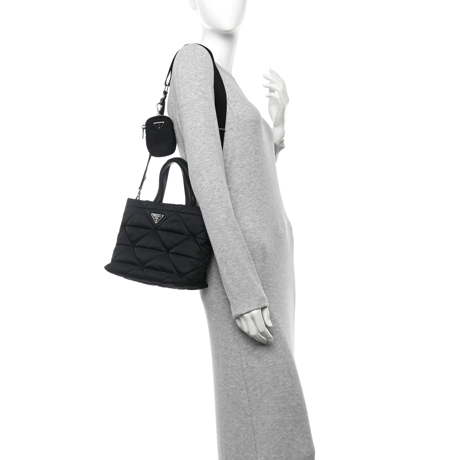 Re-Nylon Nappa Triangle Quilted Padded Double Handled Zip Pocket Tote Black - Image 2