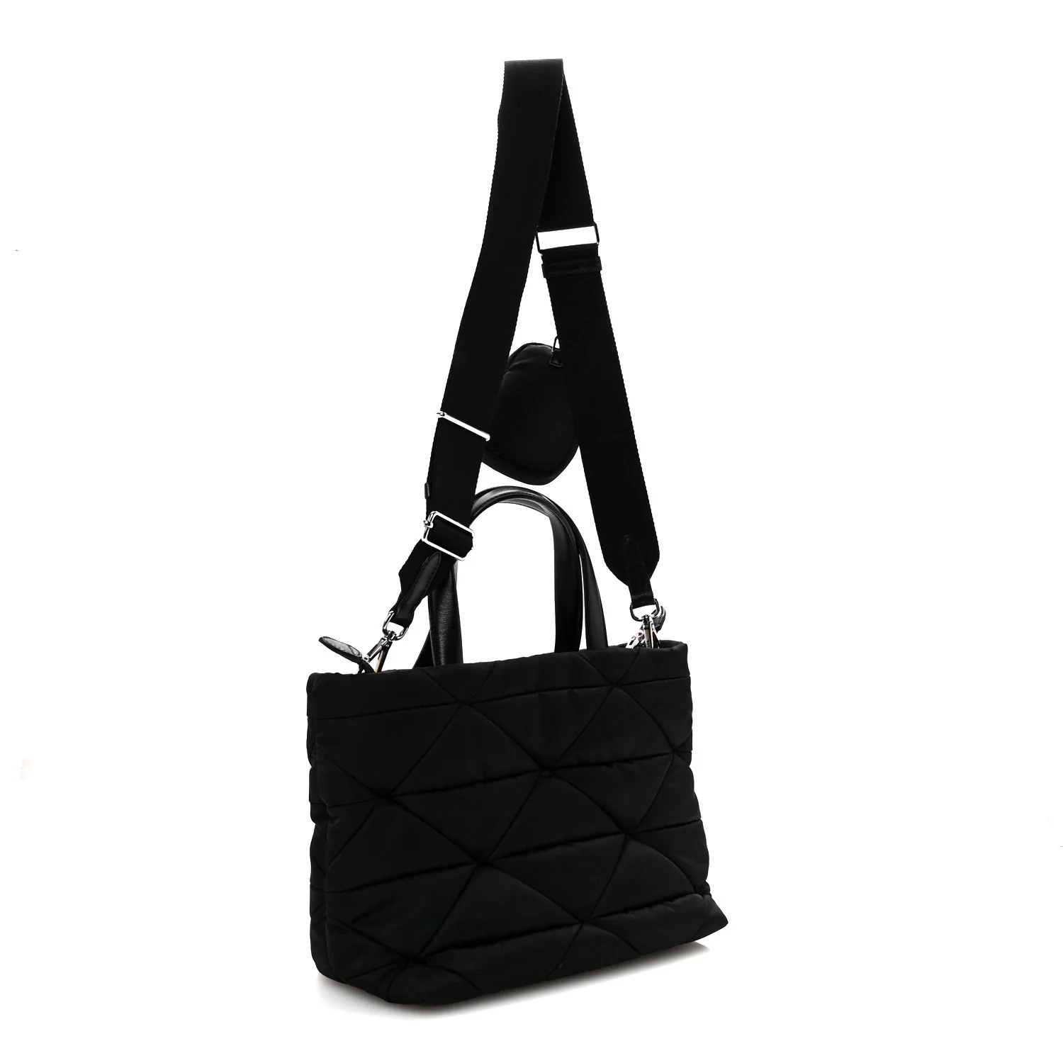 Re-Nylon Nappa Triangle Quilted Padded Double Handled Zip Pocket Tote Black - Image 3