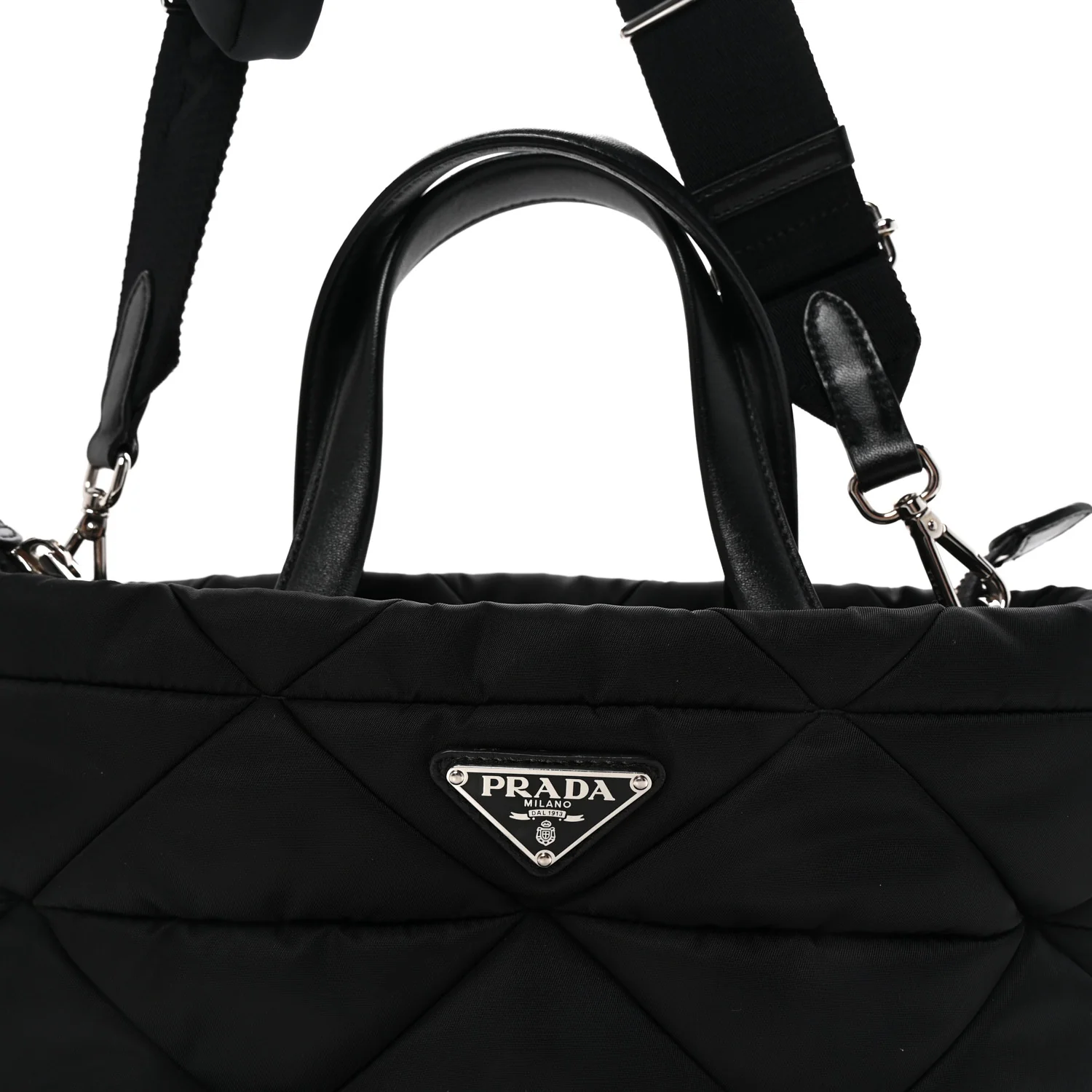 Re-Nylon Nappa Triangle Quilted Padded Double Handled Zip Pocket Tote Black - Image 7