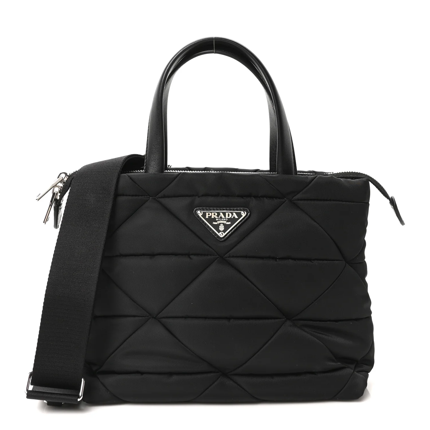 Re-Nylon Nappa Triangle Quilted Padded Double Handled Zip Pocket Tote Black - Image 2
