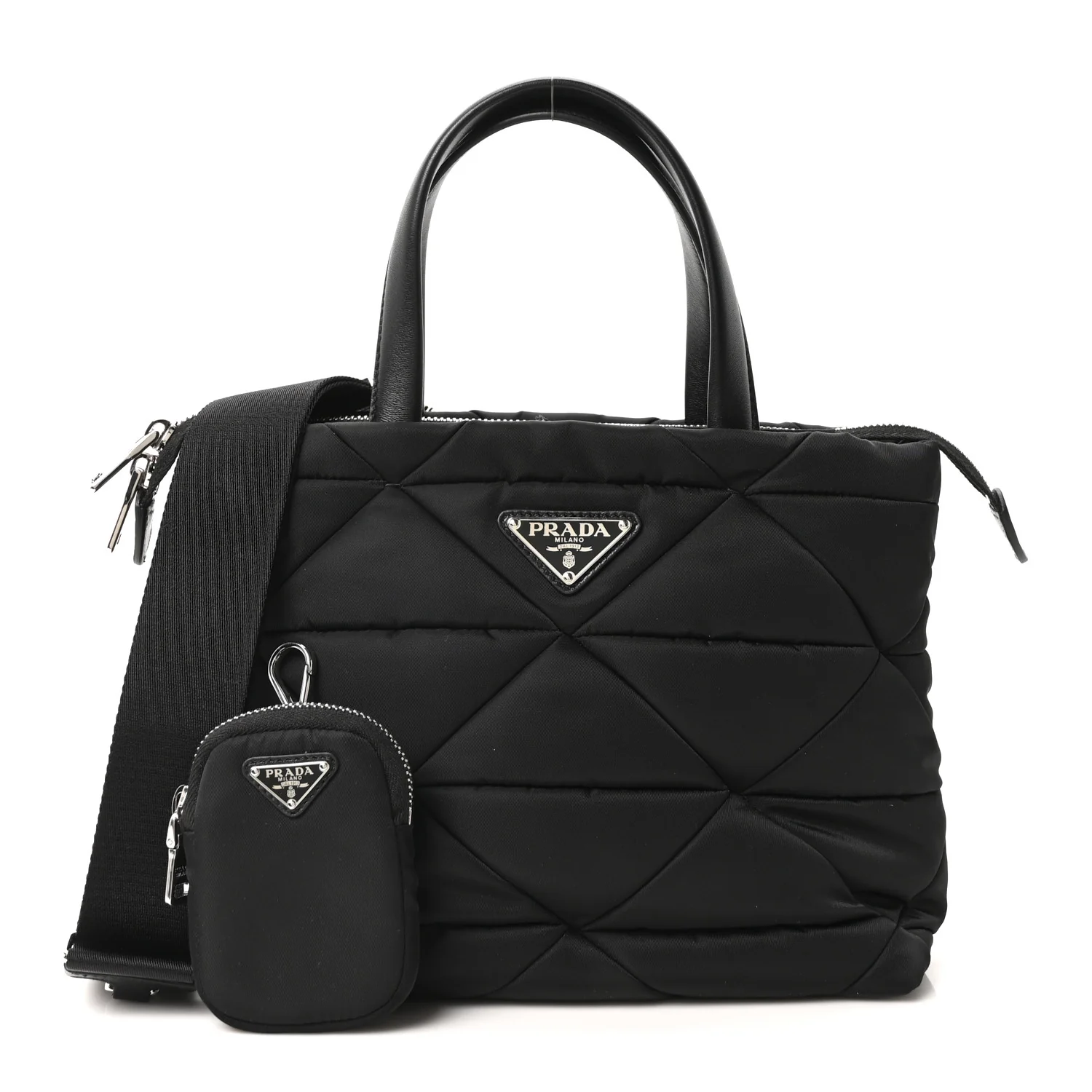 Re-Nylon Nappa Triangle Quilted Padded Double Handled Zip Pocket Tote Black - Image 5