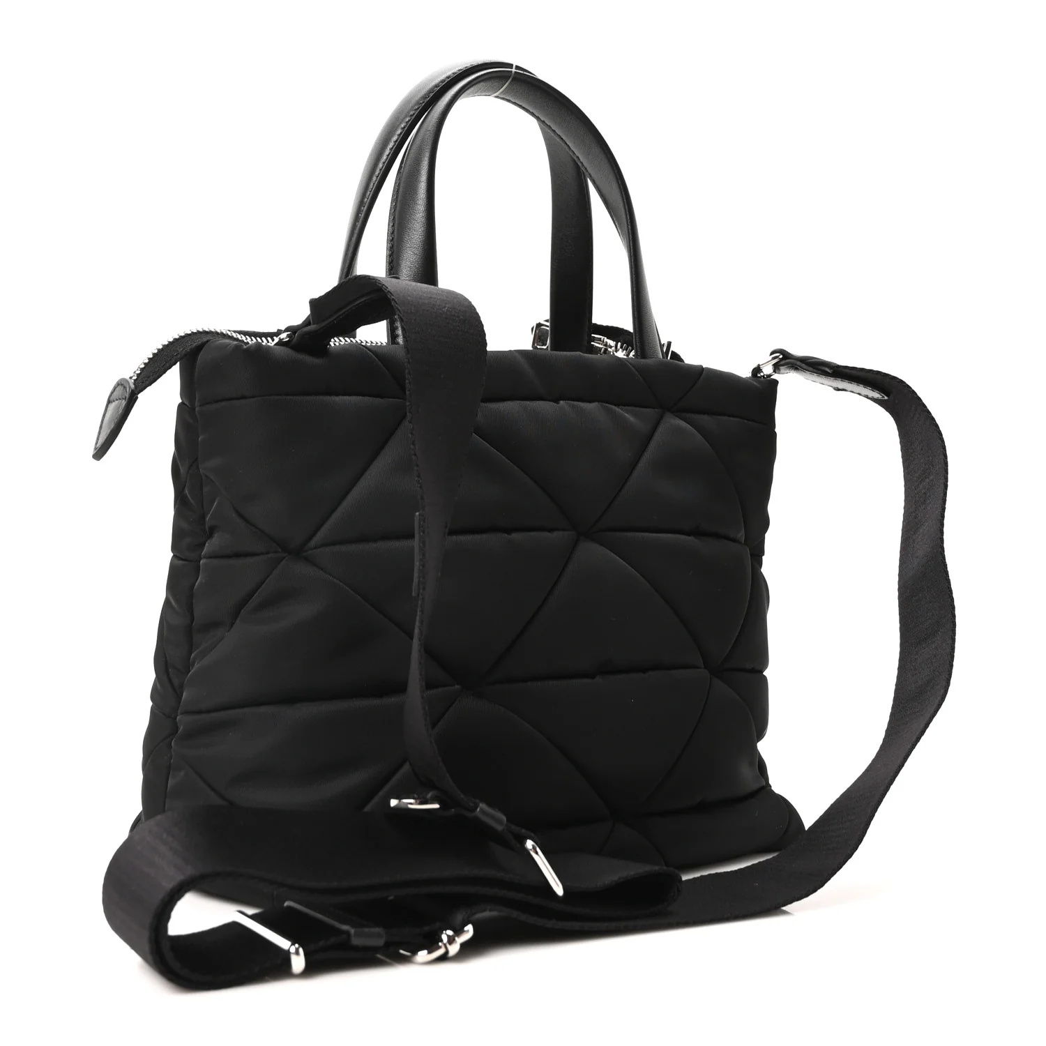Re-Nylon Nappa Triangle Quilted Padded Double Handled Zip Pocket Tote Black - Image 6