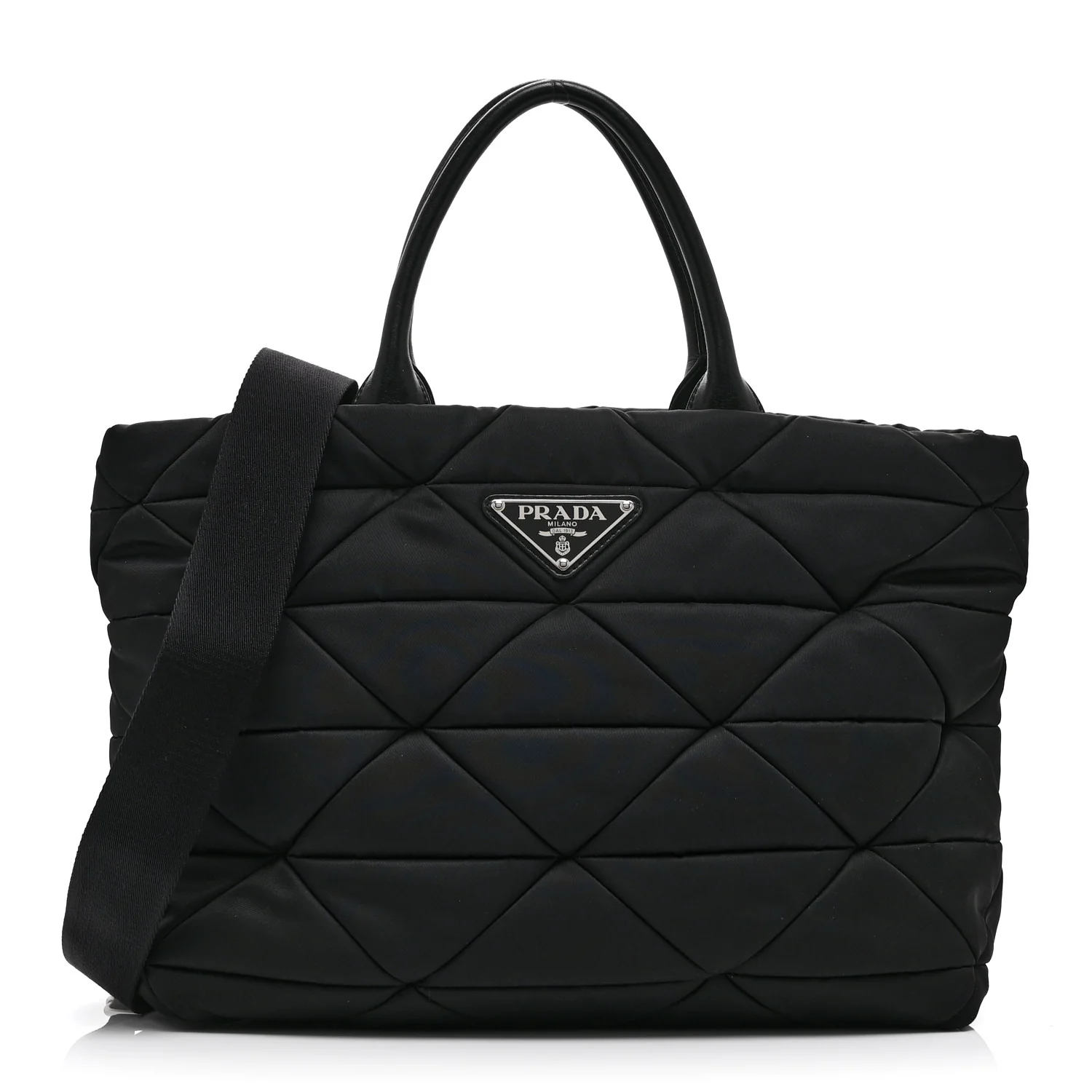 Re-Nylon Nappa Triangle Quilted Padded Medium Double Handled Zip Tote Black
