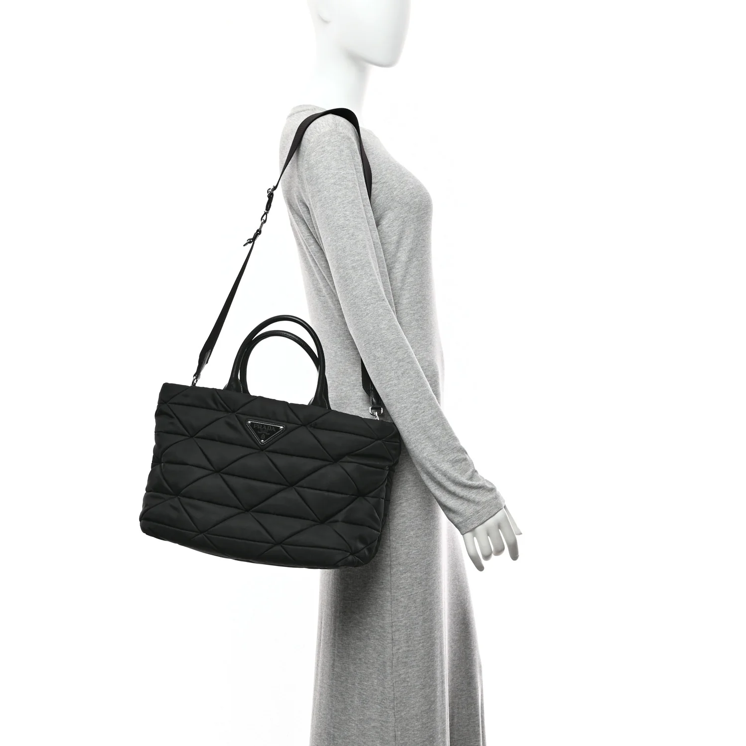 Re-Nylon Nappa Triangle Quilted Padded Medium Double Handled Zip Tote Black - Image 2