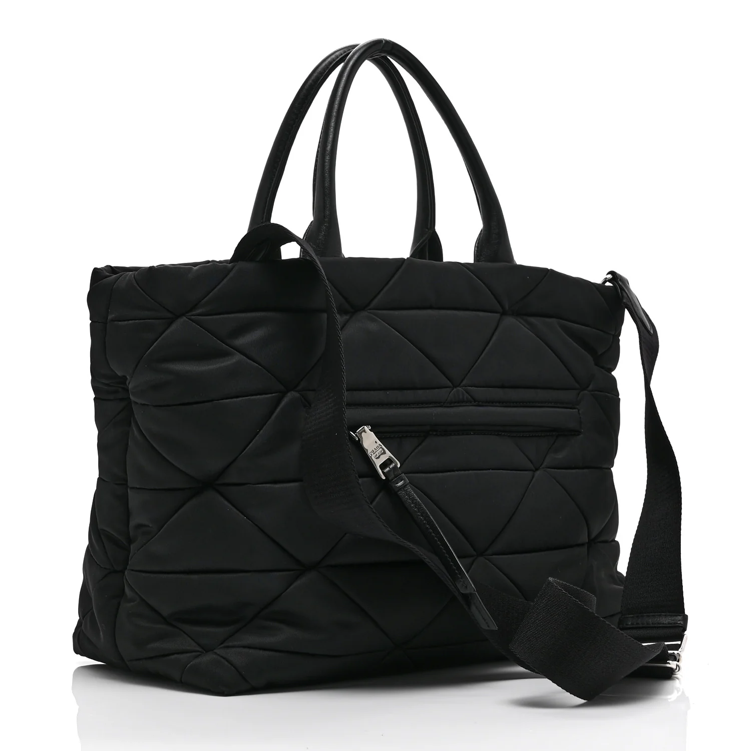 Re-Nylon Nappa Triangle Quilted Padded Medium Double Handled Zip Tote Black - Image 3