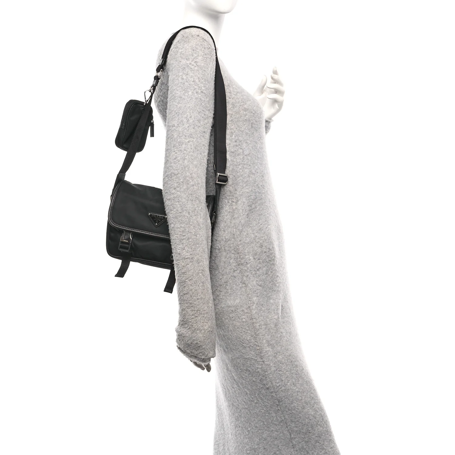 Re-Nylon Saffiano Pocket Double Snap Buckle Messenger Shoulder Bag Black - Image 2