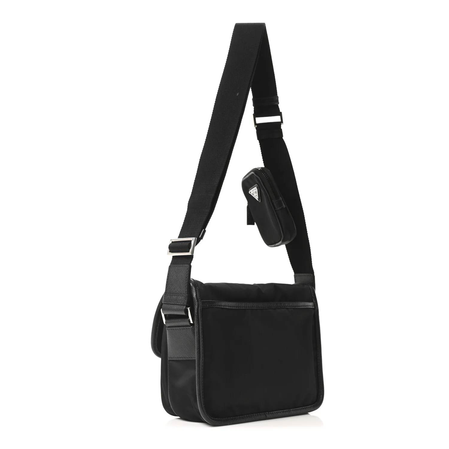 Re-Nylon Saffiano Pocket Double Snap Buckle Messenger Shoulder Bag Black - Image 3