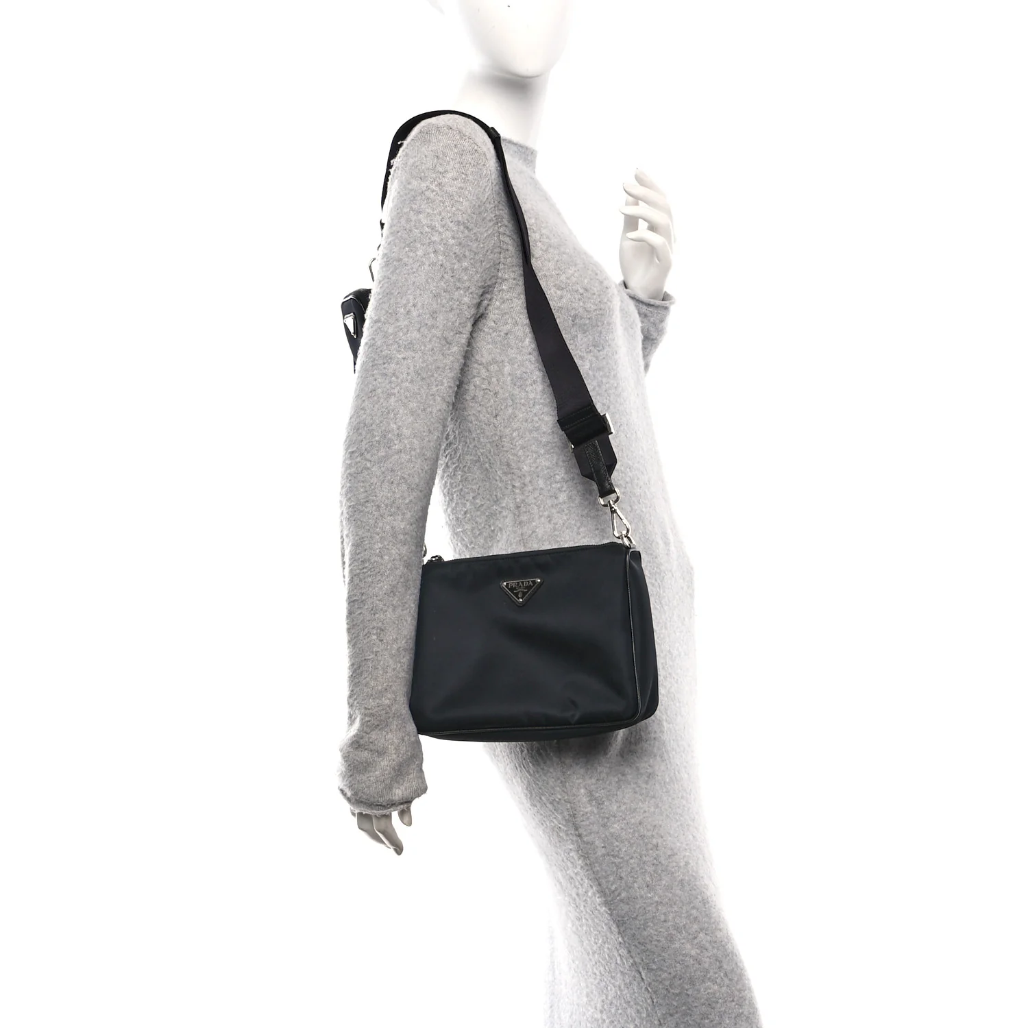 Re-Nylon Saffiano Pocket Zippered Shoulder Bag Black - Image 2