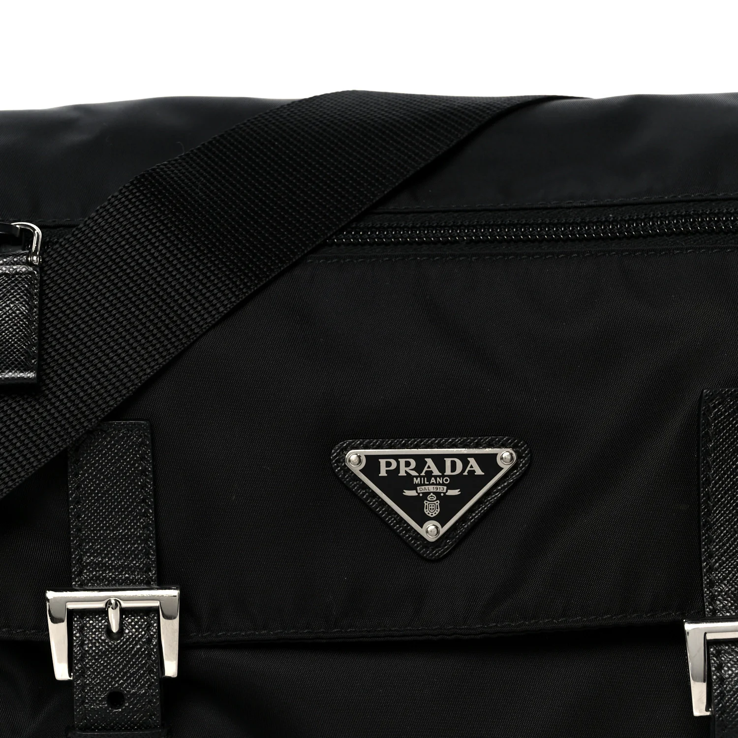 Re-Nylon Vela Saffiano Pocket Double Buckle Messenger Shoulder Bag Black - Image 8