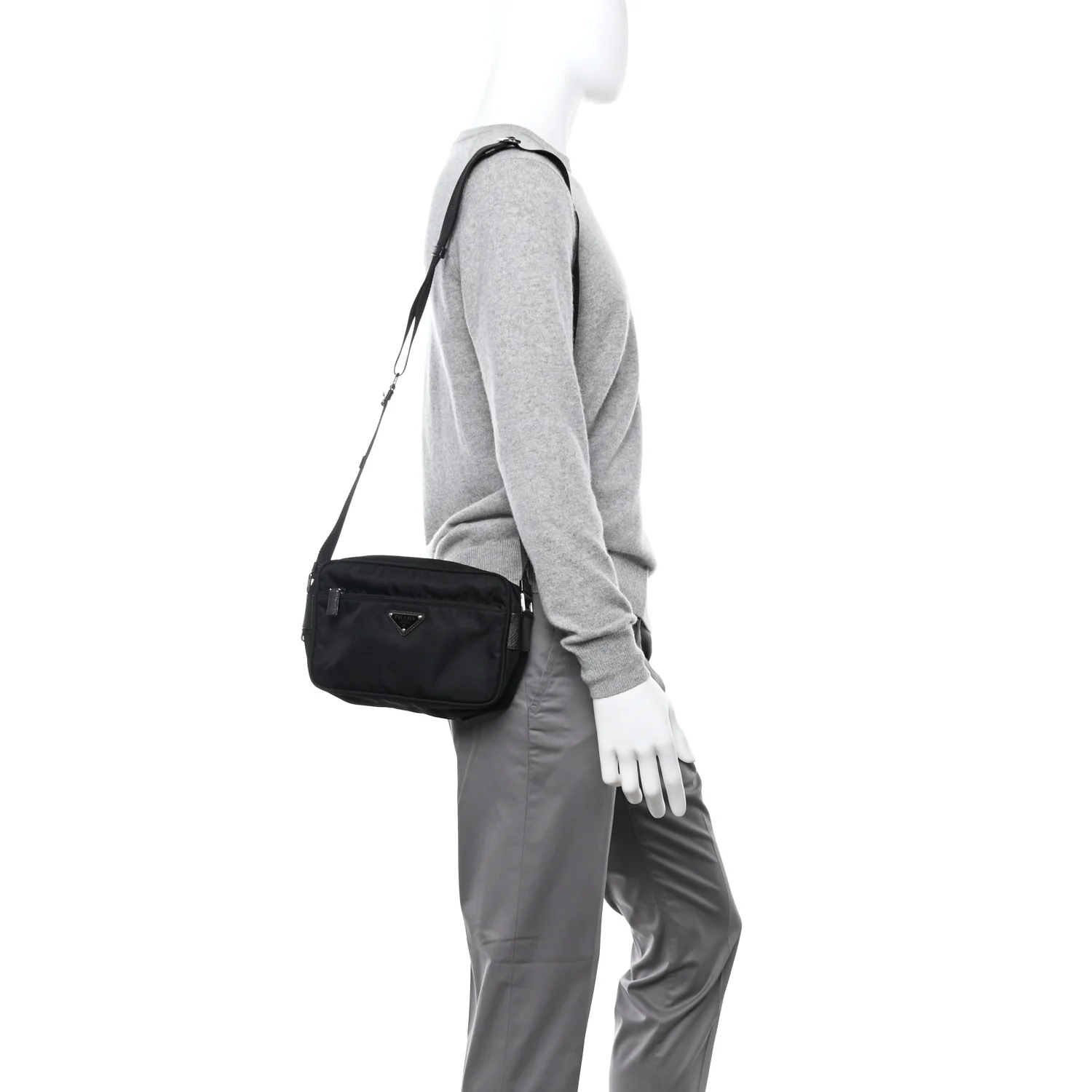 Re-Nylon Vela Saffiano Pocket Double Zip Shoulder Bag Black - Image 2