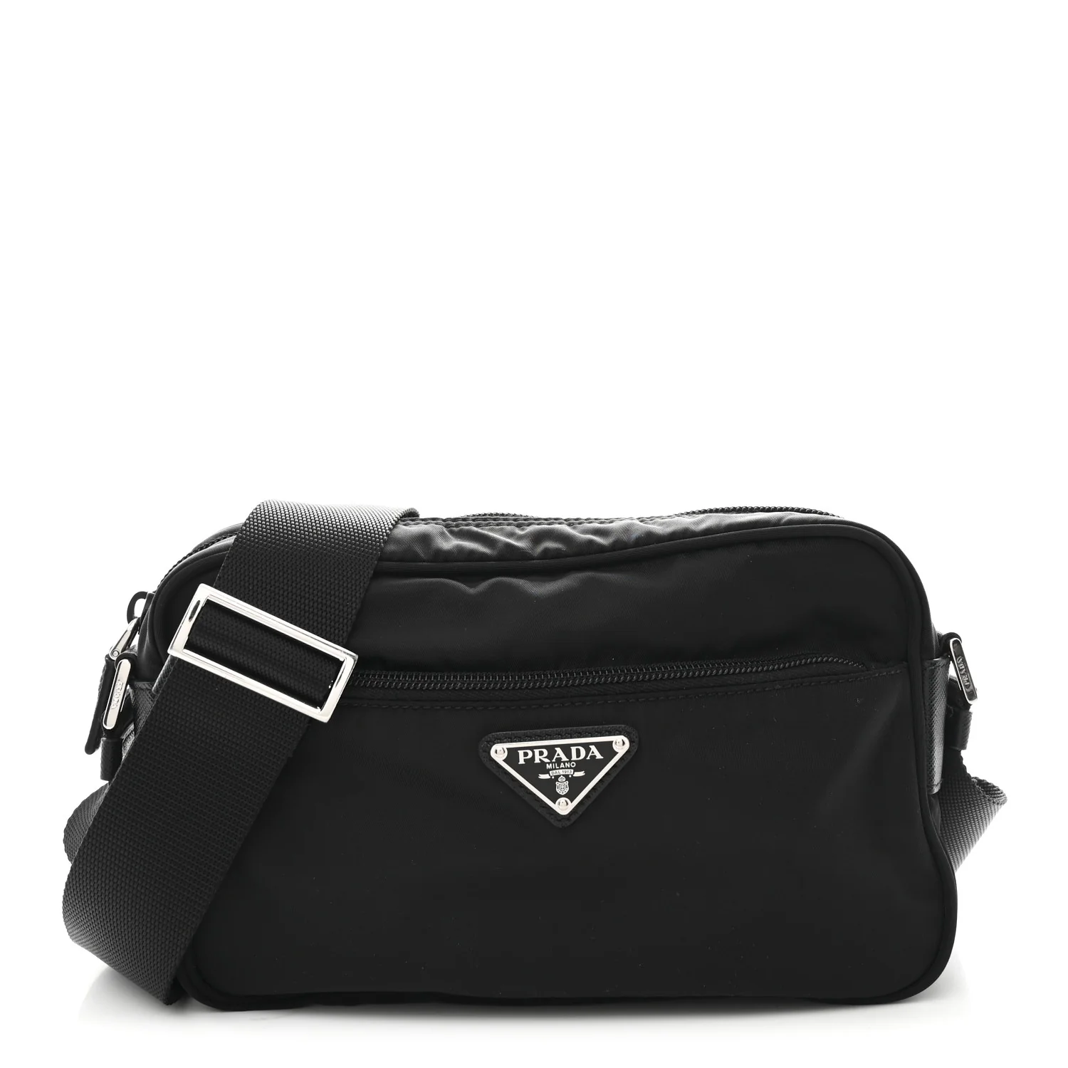 Re-Nylon Vela Saffiano Pocket Double Zip Shoulder Bag Black