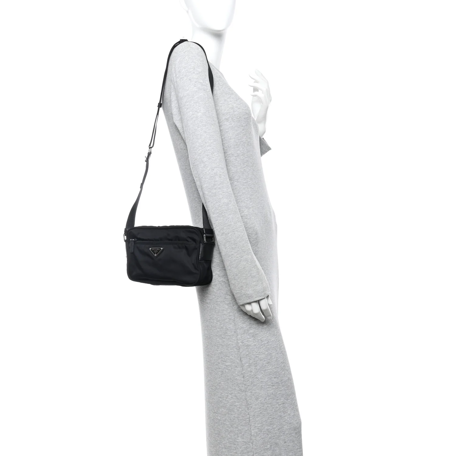 Re-Nylon Vela Saffiano Pocket Double Zip Shoulder Bag Black - Image 2