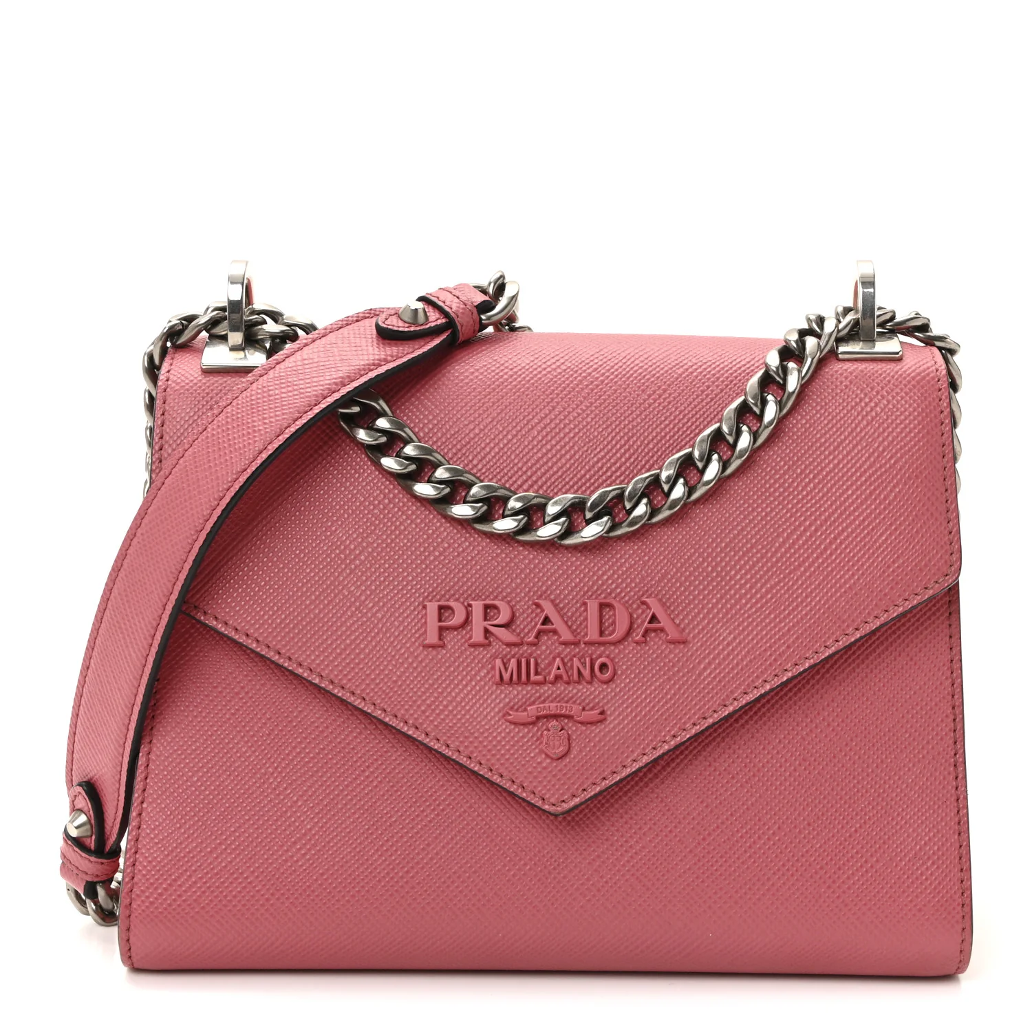 Saffiano Cuir Calfskin Monochrome Envelope Flap Chain Shoulder Bag Bruyere