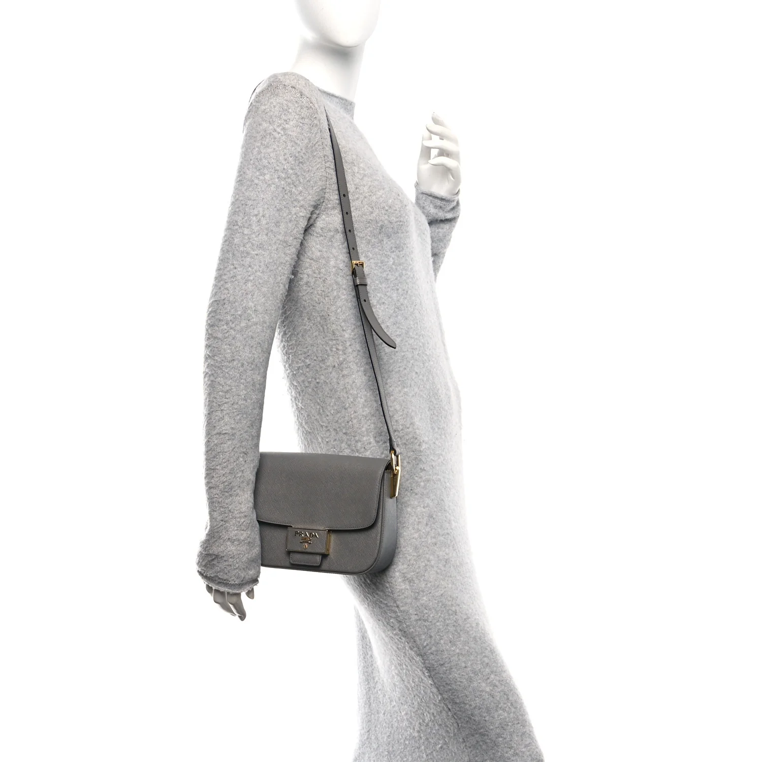 Saffiano Lux Embleme Flap Shoulder Bag Grey - Image 2