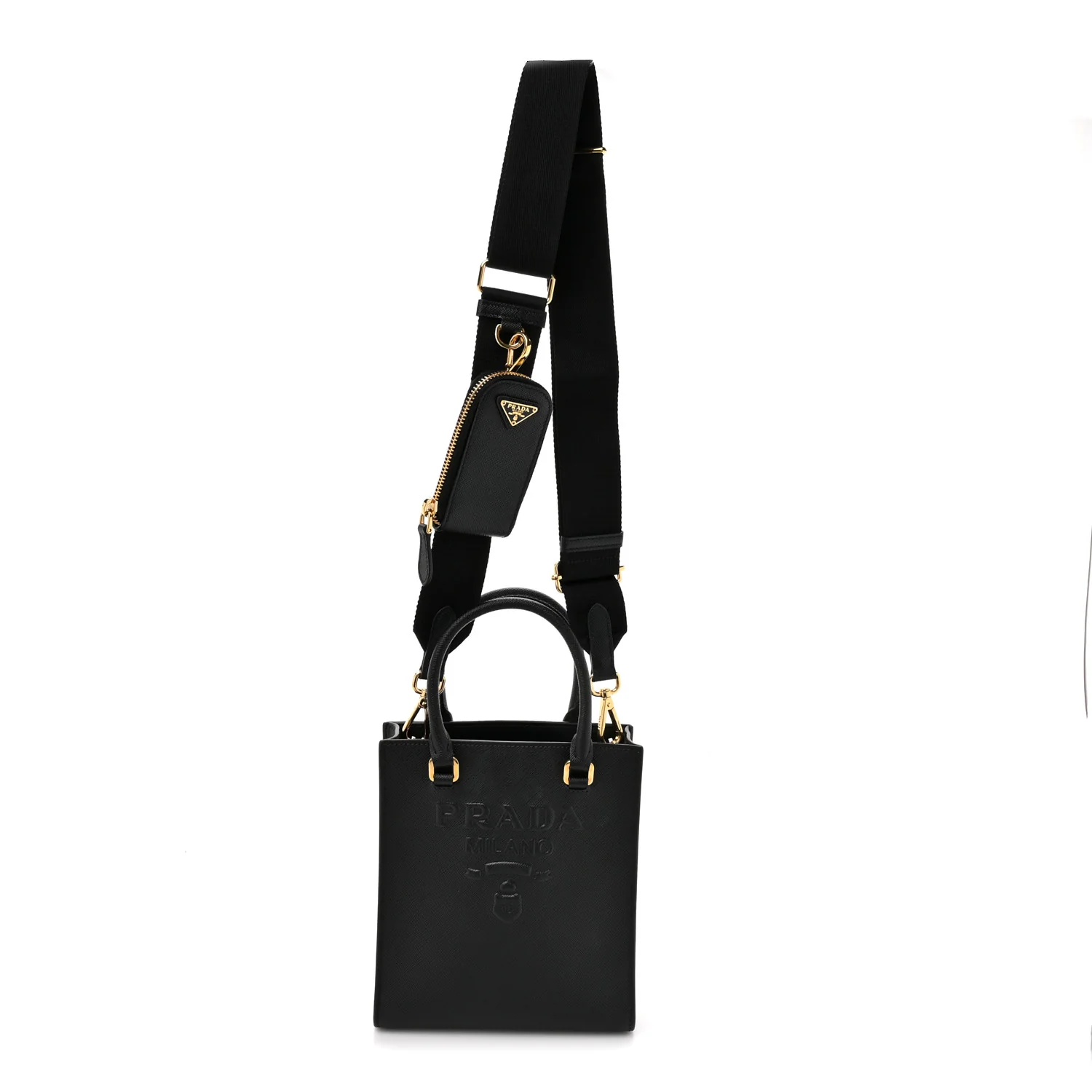Saffiano Lux Triangle Logo Embossed Small Double Handle Crossbody Tote Black
