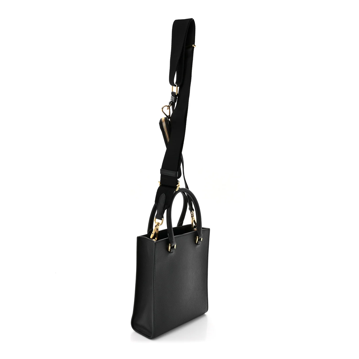 Saffiano Lux Triangle Logo Embossed Small Double Handle Crossbody Tote Black - Image 3