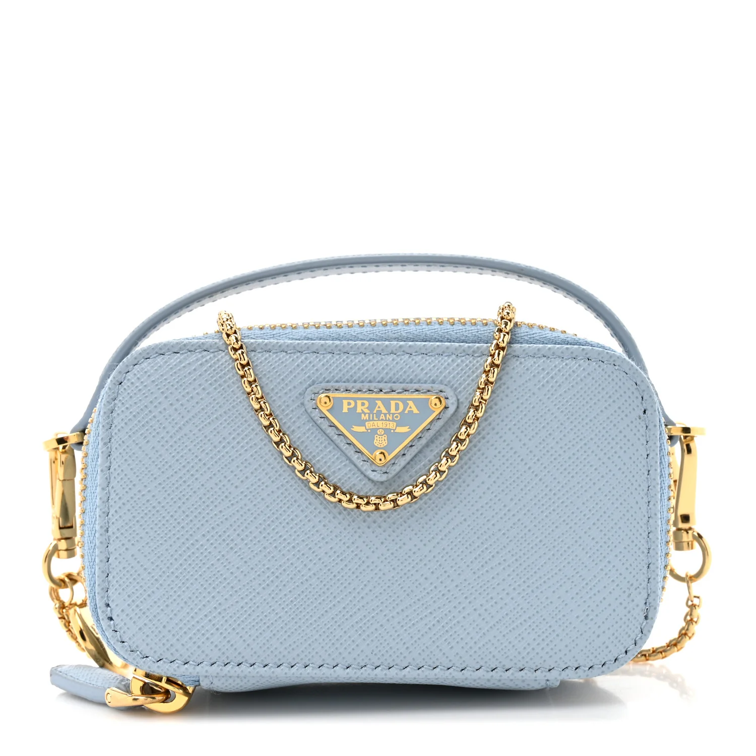 Saffiano Metal Triangle Logo Mini Pouch with Handle Blue