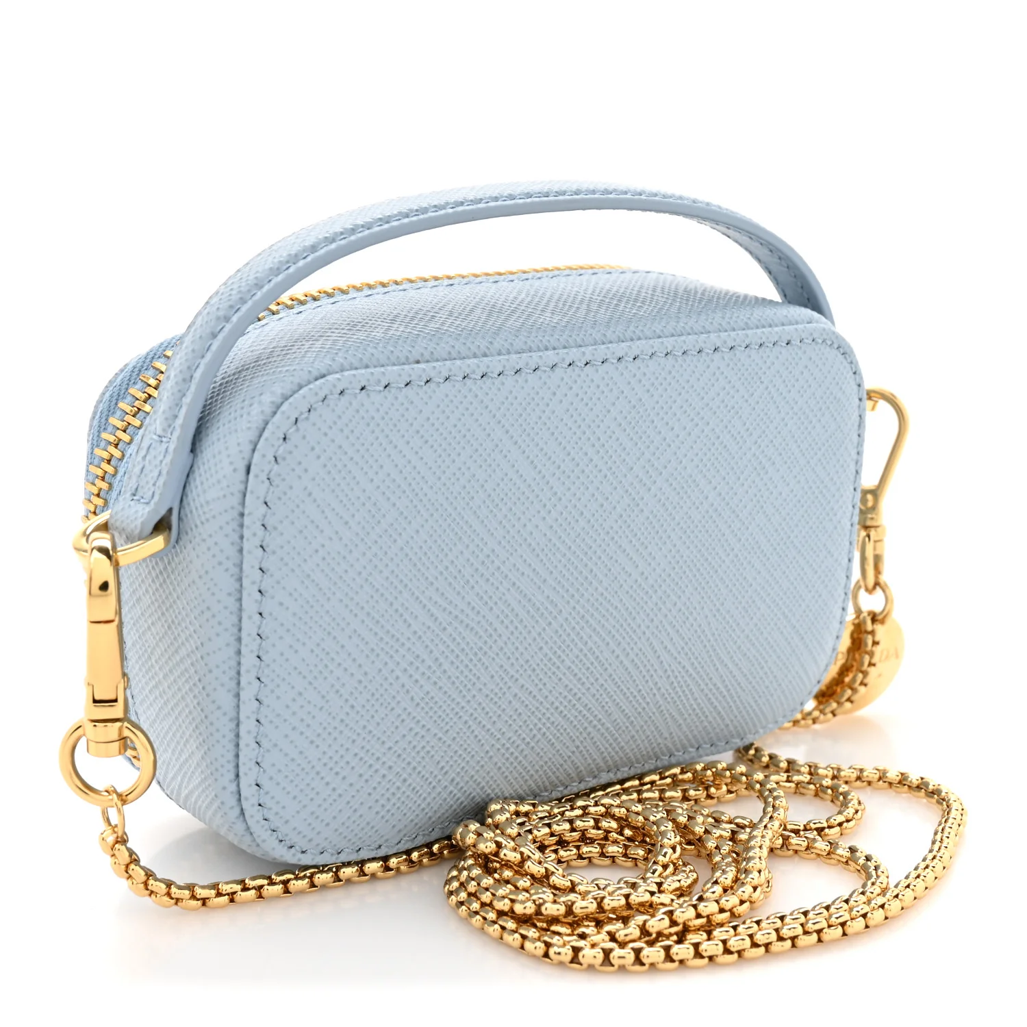 Saffiano Metal Triangle Logo Mini Pouch with Handle Blue - Image 3