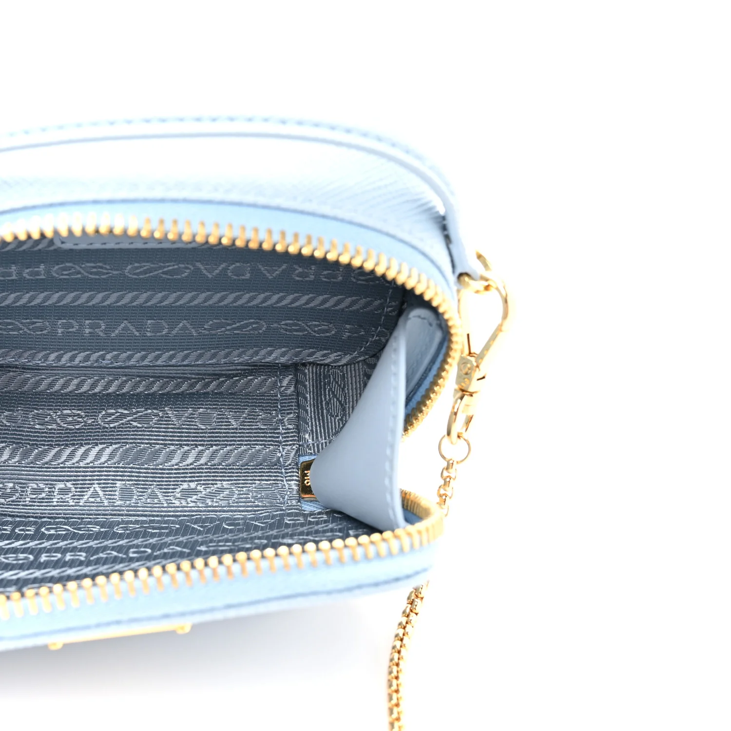 Saffiano Metal Triangle Logo Mini Pouch with Handle Blue - Image 5