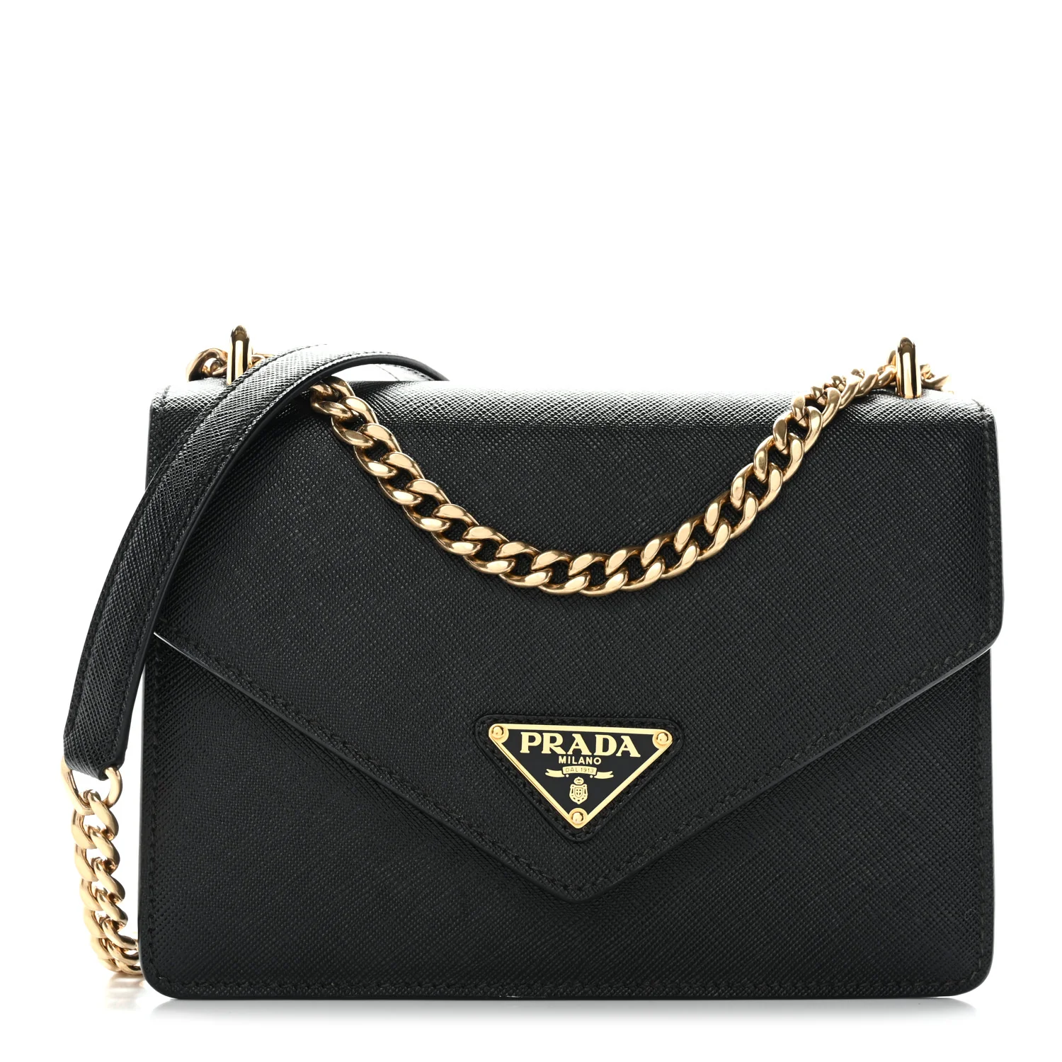Saffiano Soft Calfskin Metal Triangle Logo Envelope Chain Shoulder Bag Black
