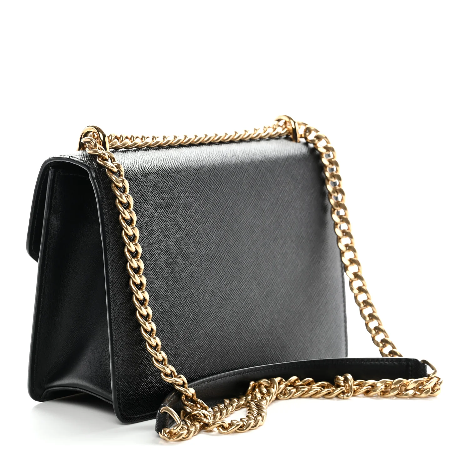 Saffiano Soft Calfskin Metal Triangle Logo Envelope Chain Shoulder Bag Black - Image 3