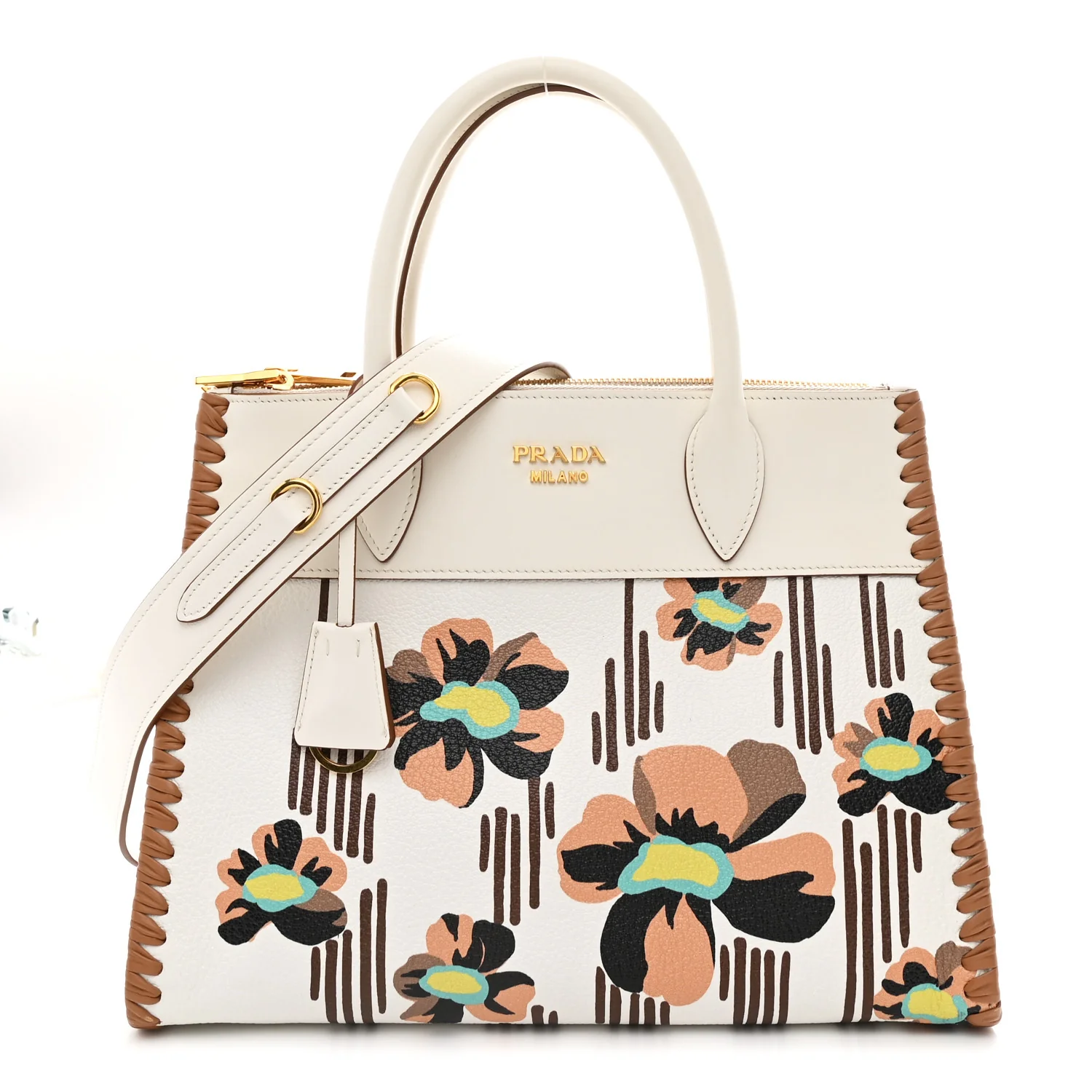 Saffiano Whipstitch Medium Paradigme Bag White Caramel Multicolor