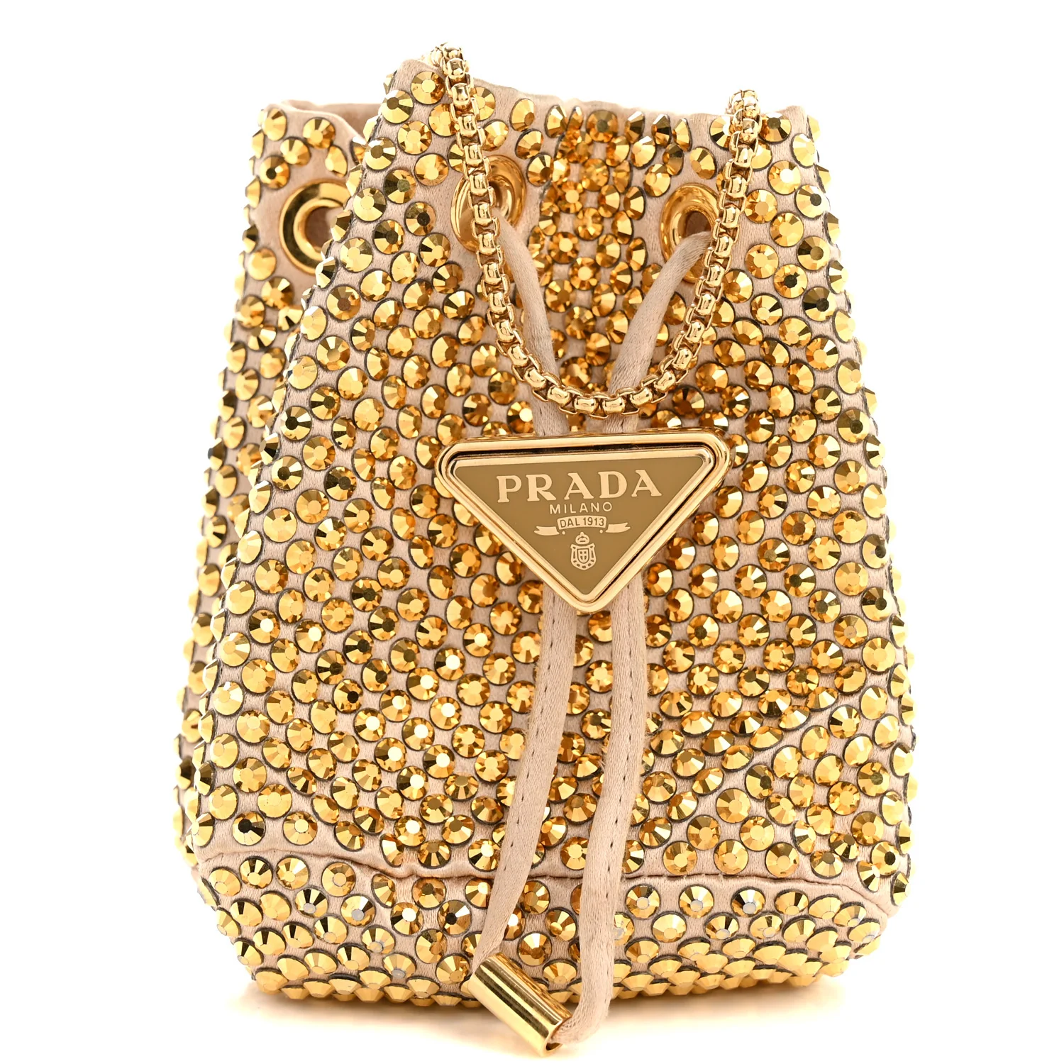 Satin Crystal Metal Triangle Logo Mini Drawcord Pouch Shoulder Bag Platino