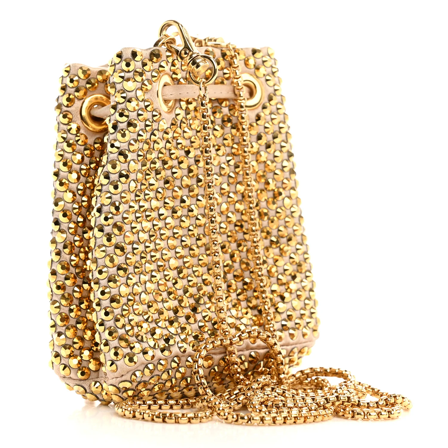Satin Crystal Metal Triangle Logo Mini Drawcord Pouch Shoulder Bag Platino - Image 3