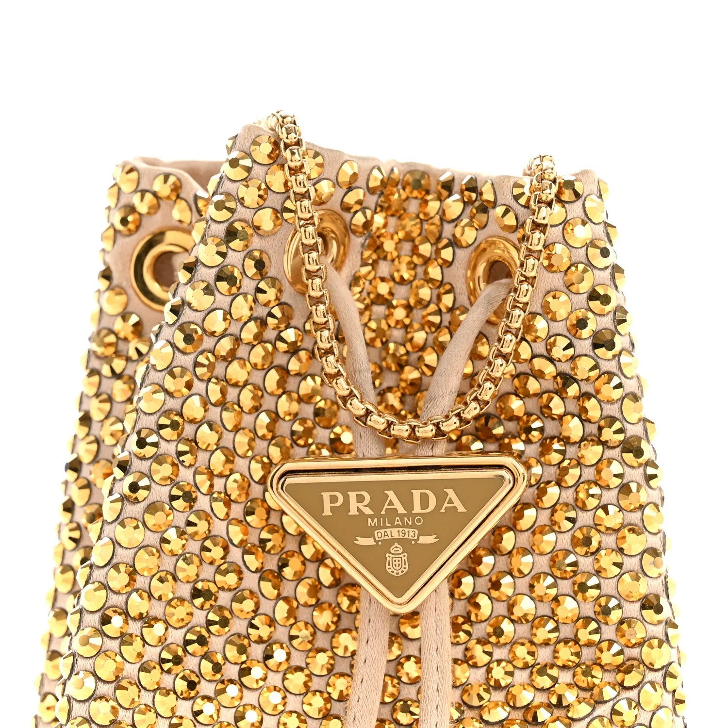 Satin Crystal Metal Triangle Logo Mini Drawcord Pouch Shoulder Bag Platino - Image 8