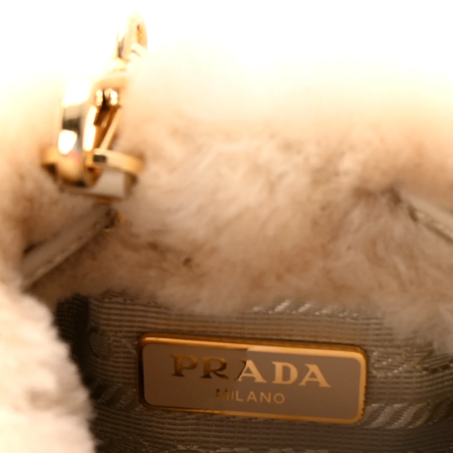 Shearling Metal Triangle Logo Mini Drawcord Pouch Shoulder Bag Ecru - Image 5